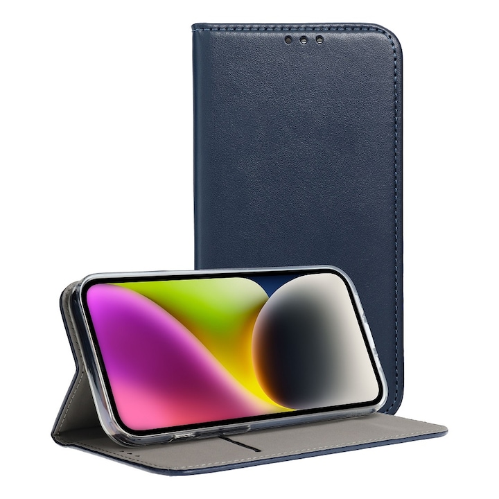 Husa telefon, compatibila Motorola Moto G04 / G24, PU Leather Smart Book, Piele ecologica, Inchidere magnetica, Buzunar card, Functie stand, Acoperire completa, Decupaj difuzor apeluri, Protectie 360 de grade, Tip carte, Bleumarin