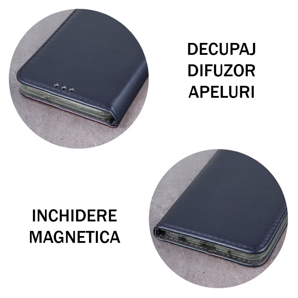 Husa telefon, compatibila Motorola Moto G04 / G24, PU Leather Smart Book, Piele ecologica, Inchidere magnetica, Buzunar card, Functie stand, Acoperire completa, Decupaj difuzor apeluri, Protectie 360 de grade, Tip carte, Bleumarin