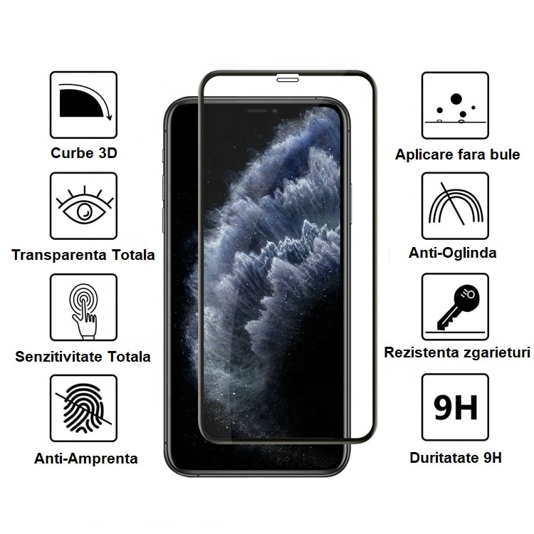 Folie protectie Premium compatibila pentru Iphone 12 Pro ( 6.1 inch ), Full Cover Black 6D, Sticla securizata, Transparent Negru