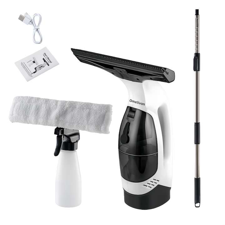 Aspirator geamuri Omelivon, cu squeegee si sticlă pulverizatoare, acumulator, 2000Pa, 150ml