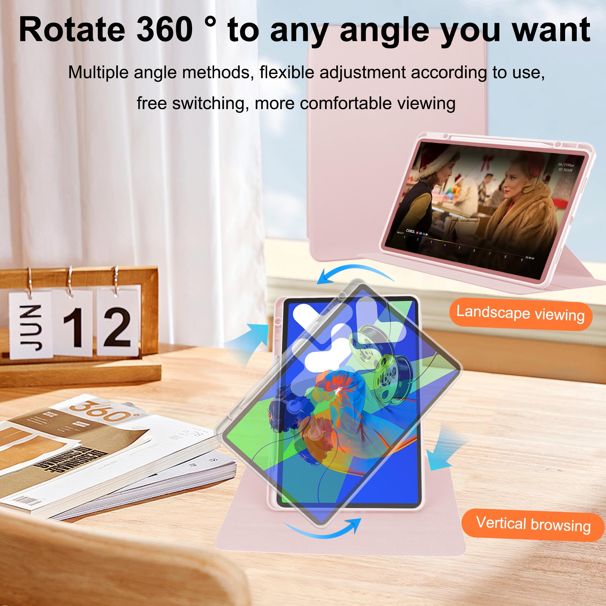 Husa tableta, pentru Redmi Pad 2 11-inch 2025, pentru tablete cu slot pentru stilou, acrilic 360 ° design rotativ, trezire automata / somn, Roz transparent