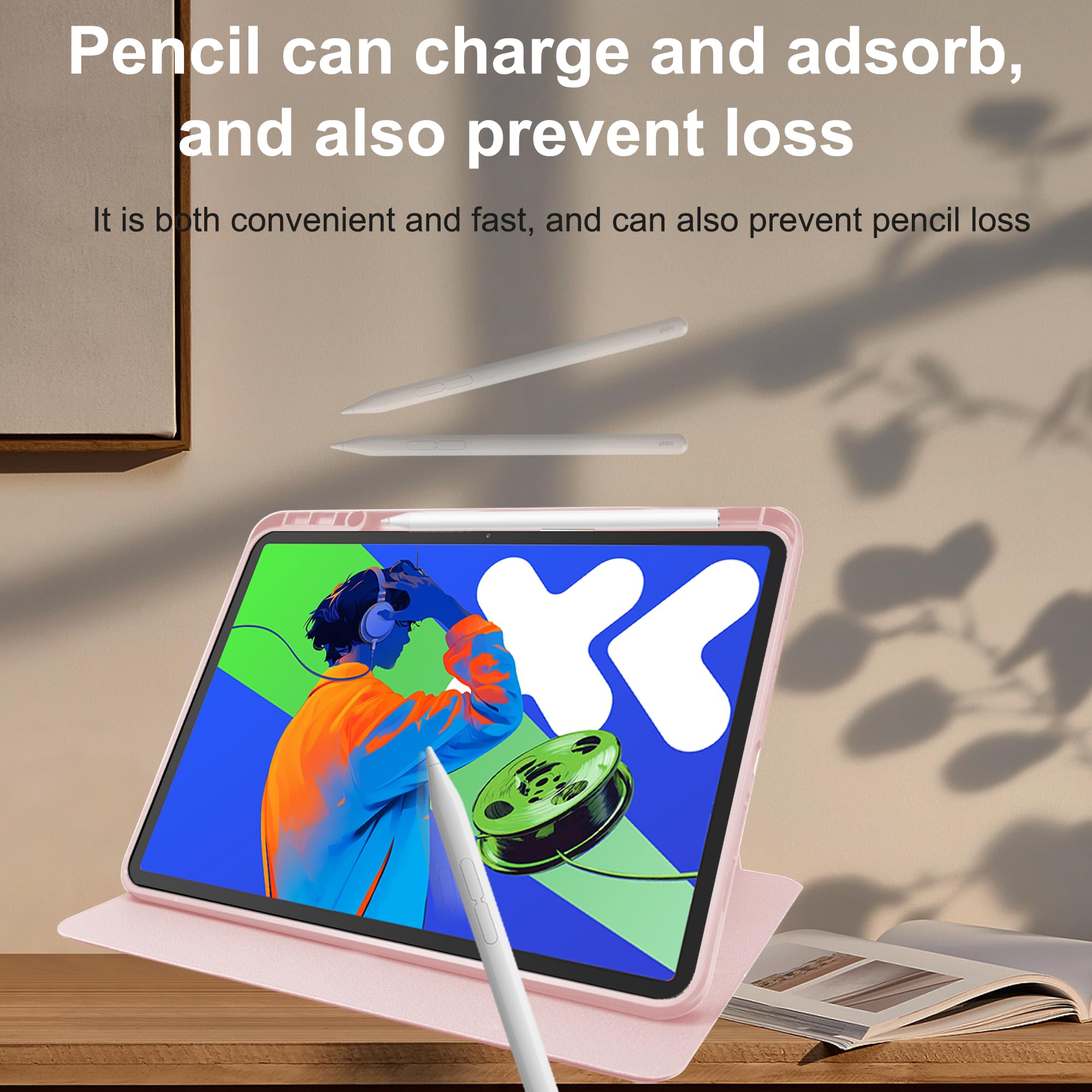 Husa tableta, pentru Redmi Pad 2 11-inch 2025, pentru tablete cu slot pentru stilou, acrilic 360 ° design rotativ, trezire automata / somn, Roz transparent