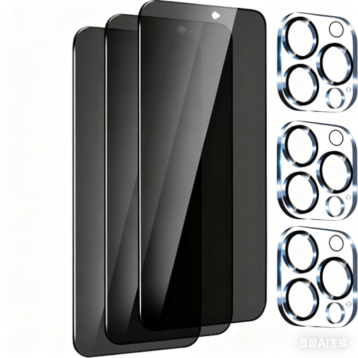 Set 3 Folii de Protectie Privacy pentru iPhone 15 Pro, 3 Folii de Protectie pentru Camera, Sticla Securizata, Negru