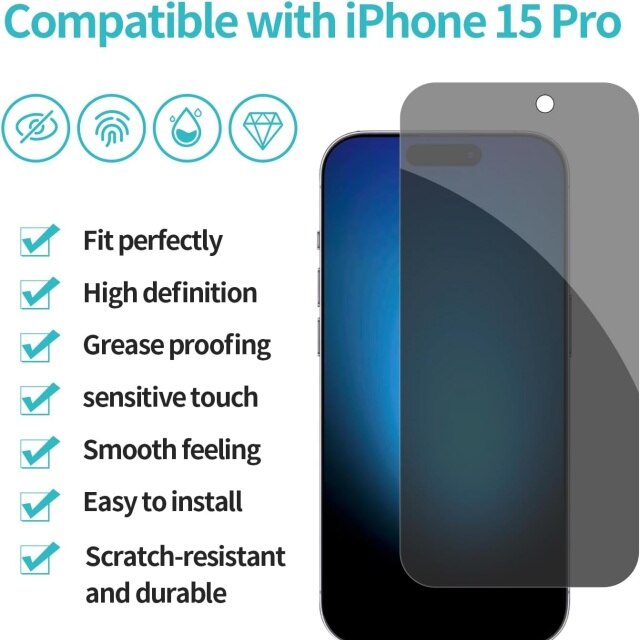 Set 3 Folii de Protectie Privacy pentru iPhone 15 Pro, 3 Folii de Protectie pentru Camera, Sticla Securizata, Negru