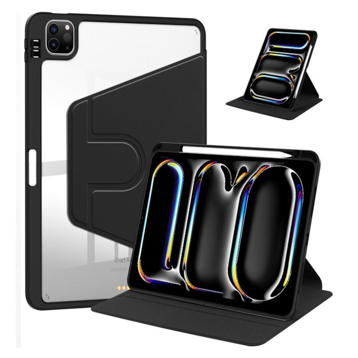 Husa tableta, pentru iPad Pro 11" (2024), Casa de protectie pentru tablete cu slot pentru stilou, acrilic 360 ° design rotativ, trezire automata / somn, Negru transparent
