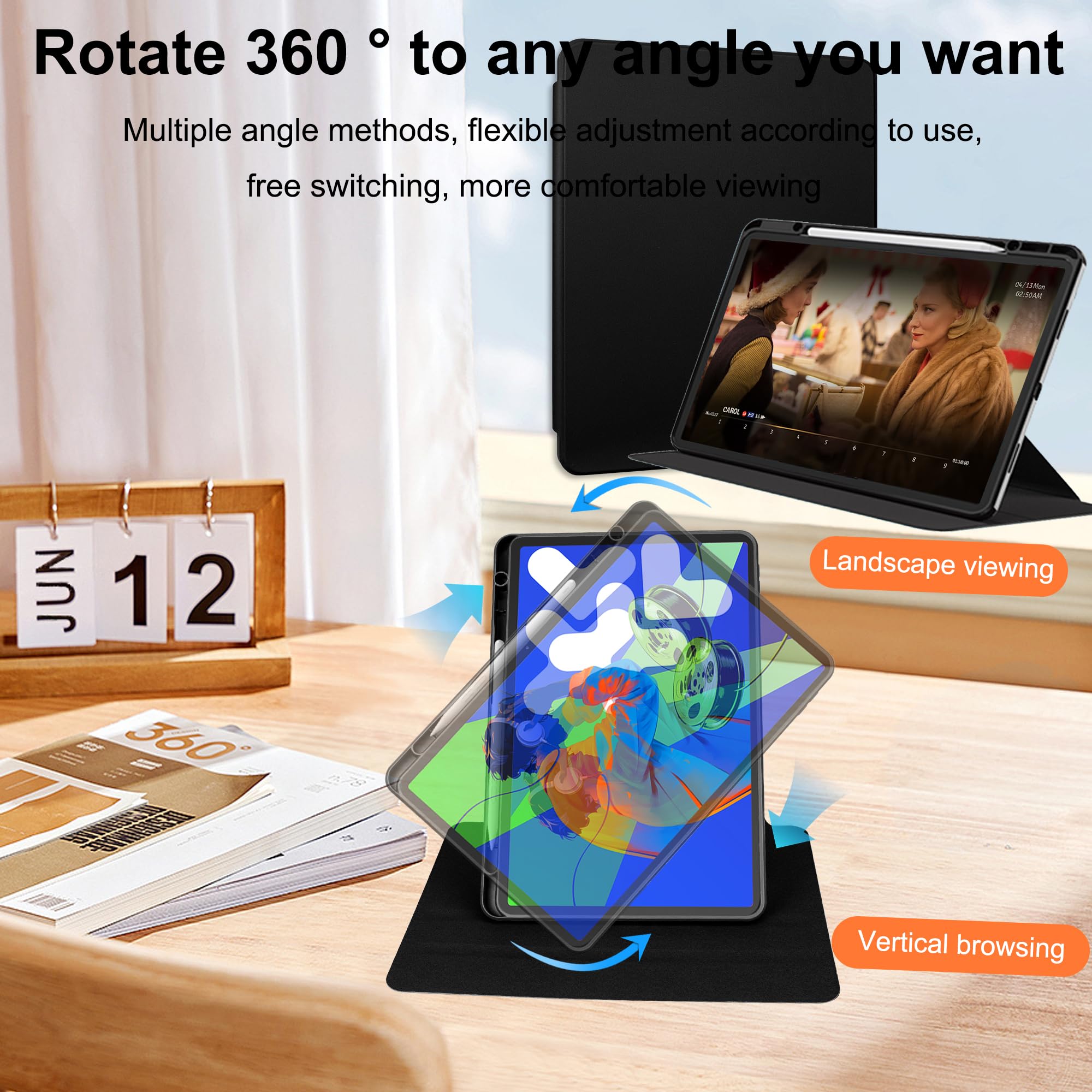 Husa tableta, pentru iPad Pro 11" (2024), Casa de protectie pentru tablete cu slot pentru stilou, acrilic 360 ° design rotativ, trezire automata / somn, Negru transparent