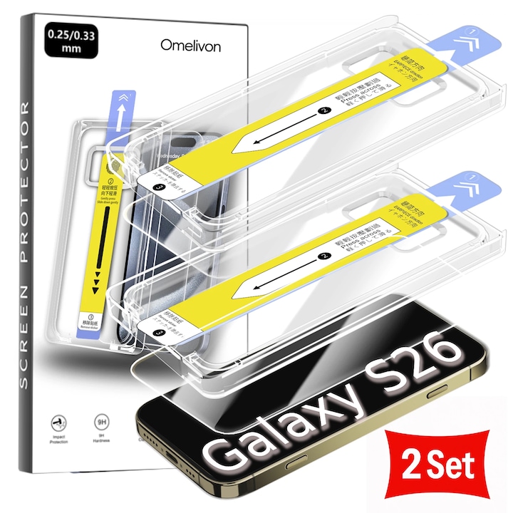 Set 2 Folii Protectie Telefon Omelivon, compatibil cu Samsung Galaxy S26, 9H, Anti-amprente, Cu Kit de Aplicare