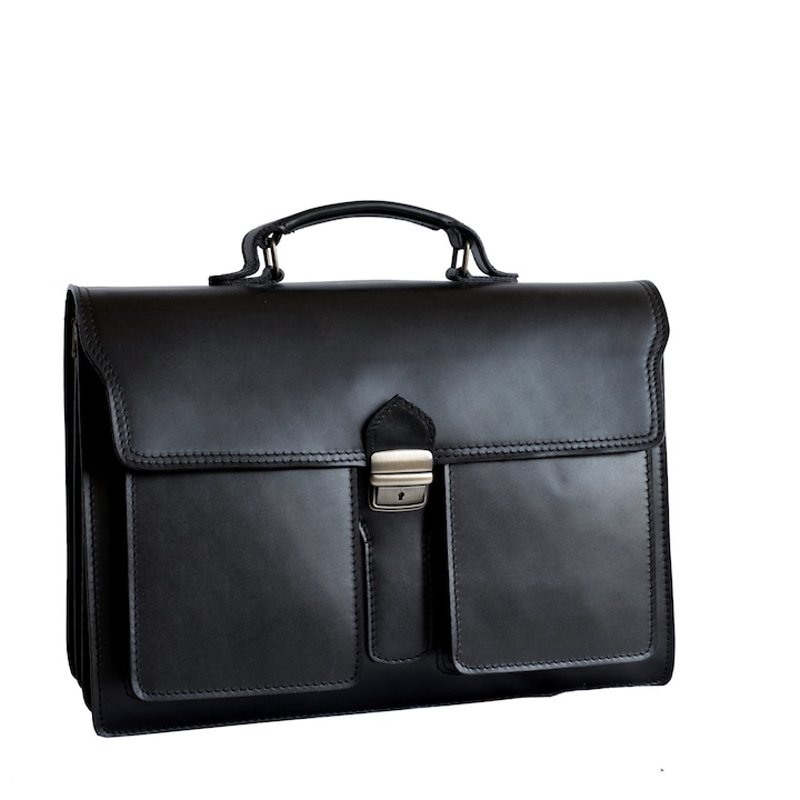 Geanta laptop din piele naturala, util land, neagra, LS101
