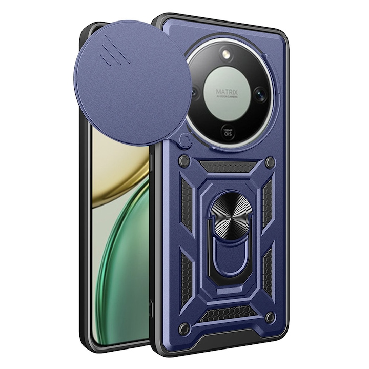 Husa pentru Honor Magic 8 Lite cu inel rotativ 360 Daden, Camshield series, Hybrid Antisoc, Slider pentru protectia camerei, Albastru