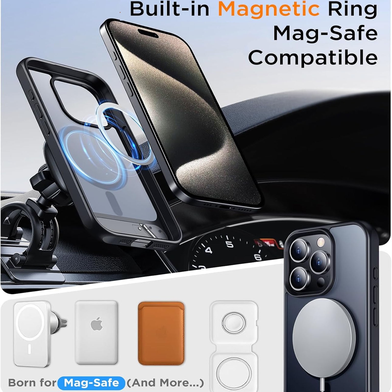Husa telefon compatibila iPhone 16, Hggzeg, Husa protectie, Cu Inel magnetic si suport, Incarcare Wireless, Margini ridicate pentru protectia ecranului, Antizgarieturi, Decupaje Precise, Design mata, PC/TPU, Negru