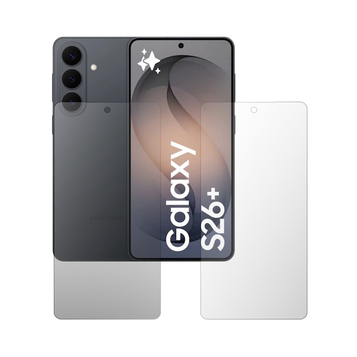 Set 2X Folie Protectie Ecran Folie24, pentru Samsung Galaxy S26+ Plus, 1X Ultra-Clear + 1X Mata, Acoperire Totala Full-Display, Adezive, Flexibile cu Auto Regenerare