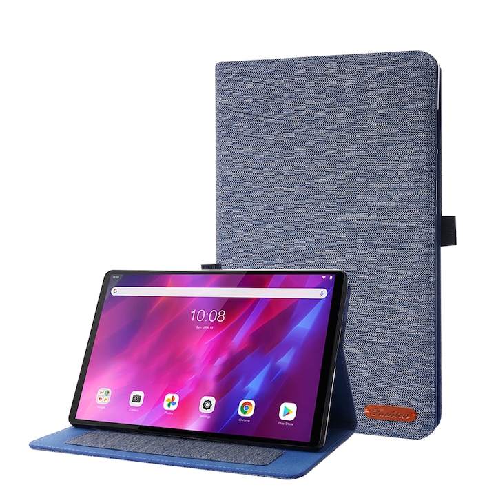 Husa tableta pentru Lenovo Tab K10, textura de material textil, tip carte cu suport, piele TPU, inchidere magnetica, albastru