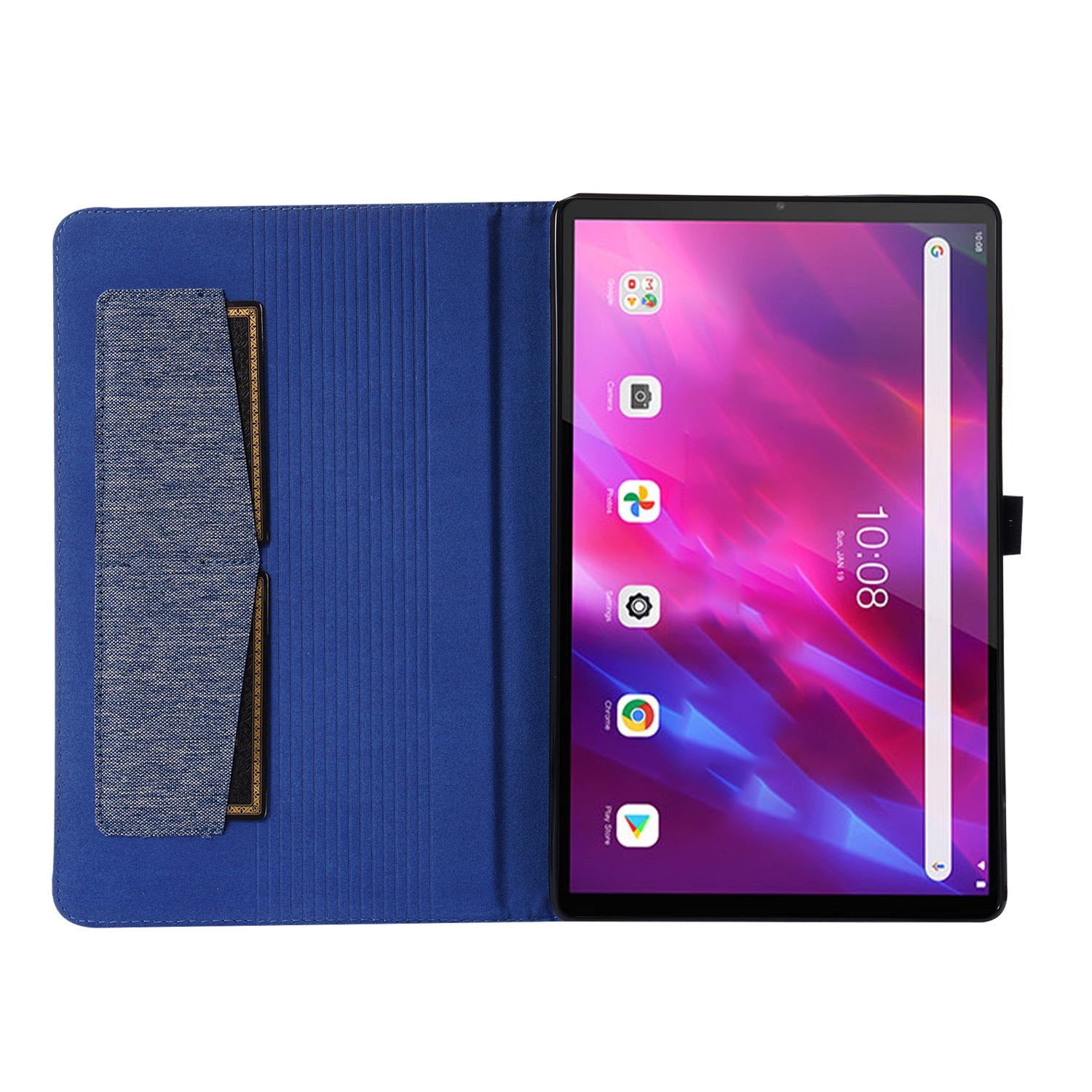 Husa tableta pentru Lenovo Tab K10, textura de material textil, tip carte cu suport, piele TPU, inchidere magnetica, albastru