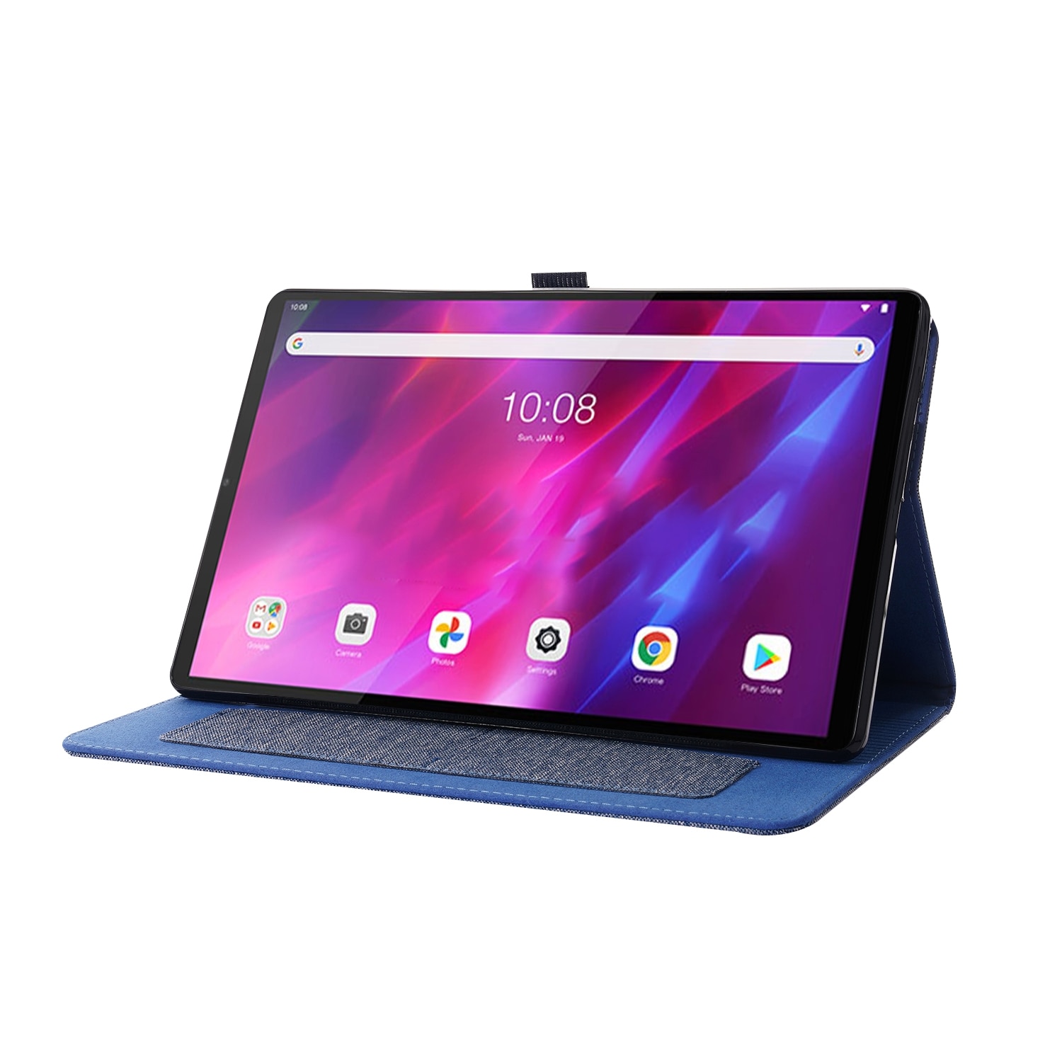 Husa tableta pentru Lenovo Tab K10, textura de material textil, tip carte cu suport, piele TPU, inchidere magnetica, albastru