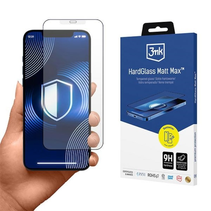 Folie protectie 3MK HardGlass Matt Max pentru Apple iPhone 12 Pro Max, 9H, oleofobica, mat, 100% acoperire
