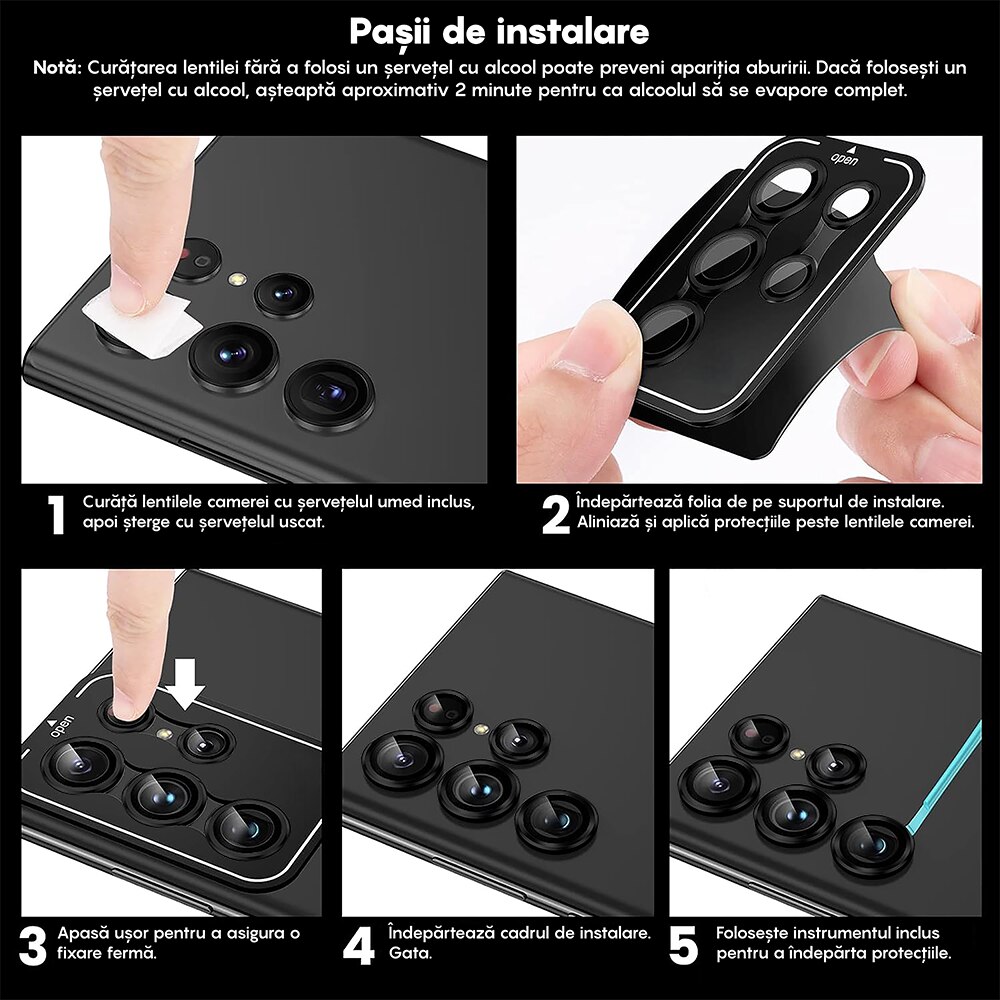 Folie Protectie Lentile Camera compatibila cu Samsung Galaxy S25 Ultra, CASEY STUDIOS™ MaxDefense+, Ultra HD, Anti Amprente, Anti Zgarieturi, Anti Socuri, Negru