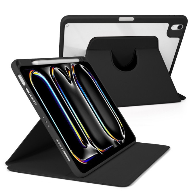 Husa tableta, pentru iPad 11 (2025) 11 ", Casa de protectie pentru tablete cu slot pentru stilou, acrilic 360 ° design rotativ, trezire automata / somn, Negru transparent