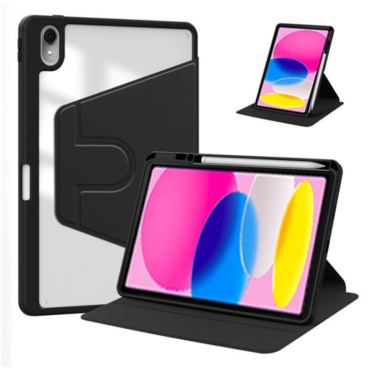 Husa tableta, pentru iPad 11 (2025) 11 ", Casa de protectie pentru tablete cu slot pentru stilou, acrilic 360 ° design rotativ, trezire automata / somn, Negru transparent