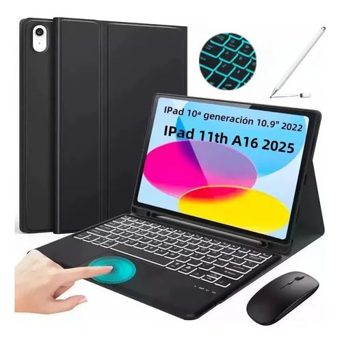 Husa de protectie pentru iPad 11 (A16) / iPad 10 (10.9-inch), include o tastatura Bluetooth roz, o husa din piele roz, un mouse Bluetooth roz reincarcabil si un singur stylus magnetic (alb si roz)