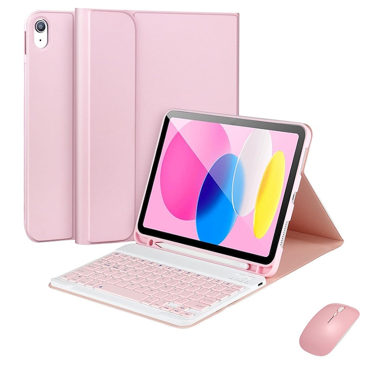 Husa de protectie pentru iPad 11 (A16) / iPad 10 (10.9-inch), include o tastatura Bluetooth roz, o husa din piele roz, un mouse Bluetooth roz reincarcabil si un singur stylus magnetic (alb si roz)