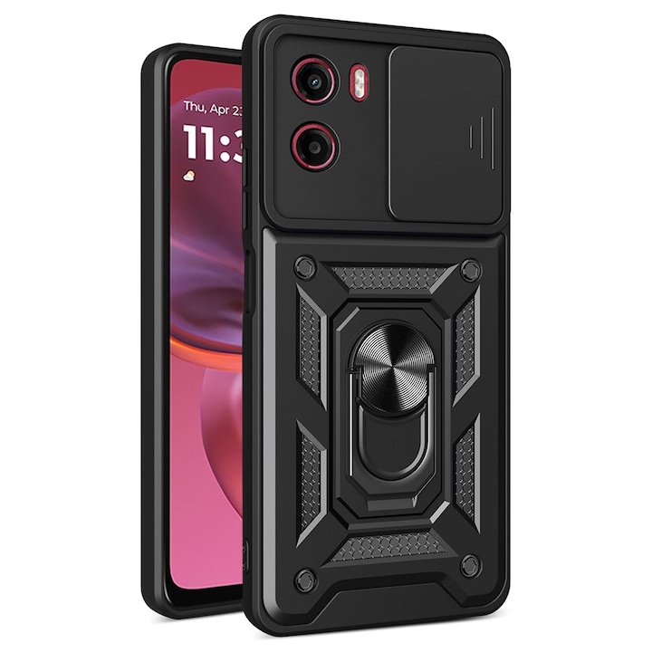 Husa pentru Motorola Moto G05 / Moto E15 Ring Armor Kickstand Tough Rugged Cover cu protectie camera Negru