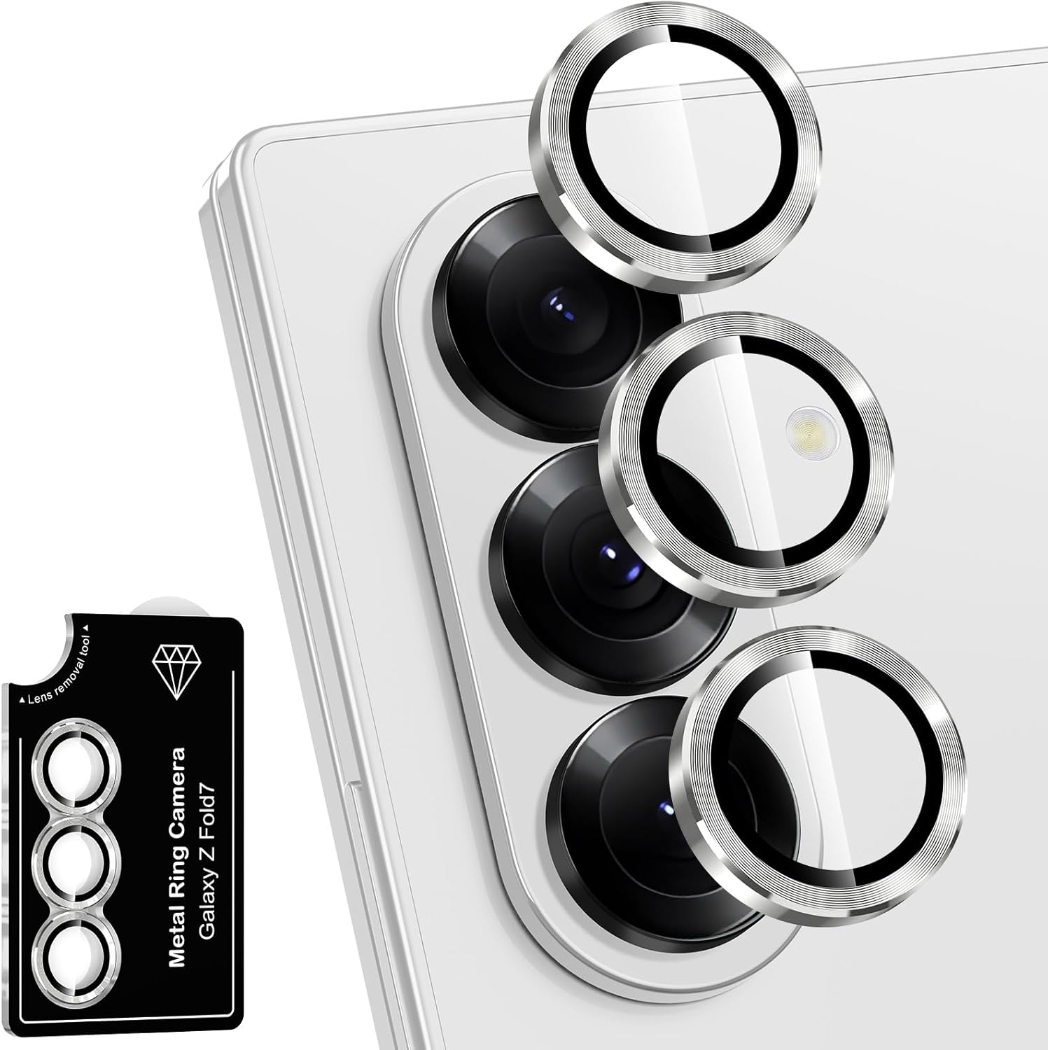 Set protectii lentile camera telefon, metal/sticla, pentru Samsung Galaxy Z Fold 7, rezistent la zgarieturi, argintiu