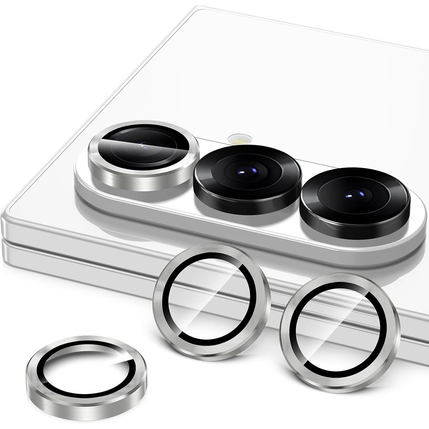 Set protectii lentile camera telefon, metal/sticla, pentru Samsung Galaxy Z Fold 7, rezistent la zgarieturi, argintiu
