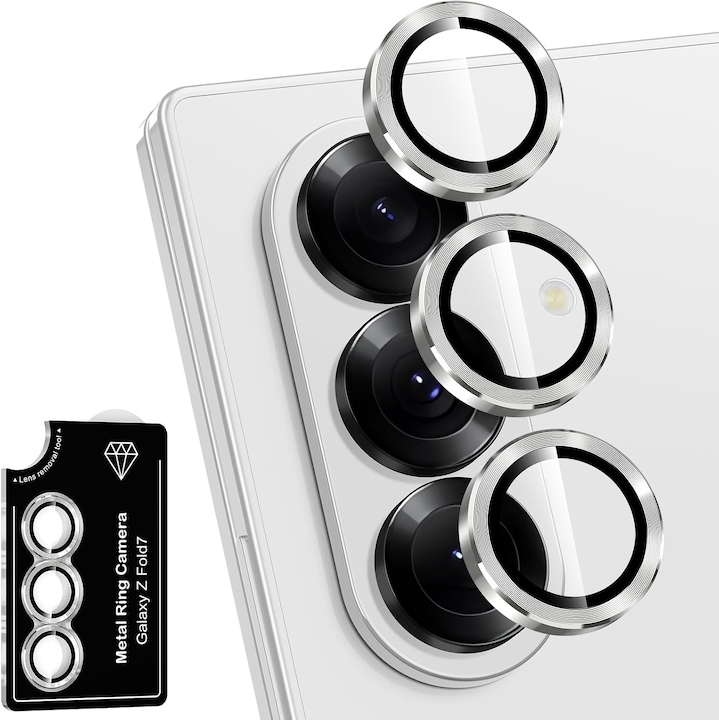 Set protectii lentile camera telefon, metal/sticla, pentru Samsung Galaxy Z Fold 7, rezistent la zgarieturi, argintiu