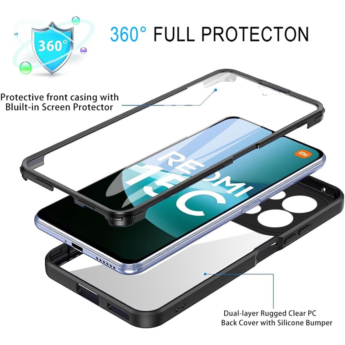 Set 360: Husa cu folie integrata pentru Xiaomi Redmi 15C 4G Protectie 360 fata / spate - albastru