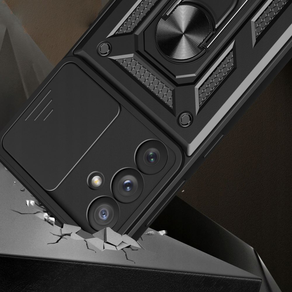 Husa pentru Samsung Galaxy A35 5G Anti-Shock Rugged cu inel rotativ, Ring Armor Kickstand, cu slider pentru protectie lentile, Aiyando, negru