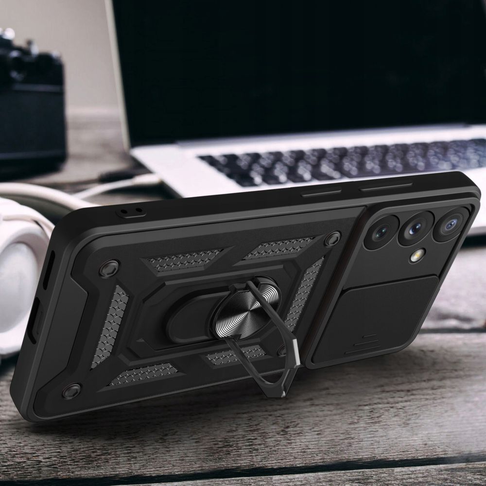 Husa pentru Samsung Galaxy A35 5G Anti-Shock Rugged cu inel rotativ, Ring Armor Kickstand, cu slider pentru protectie lentile, Aiyando, negru