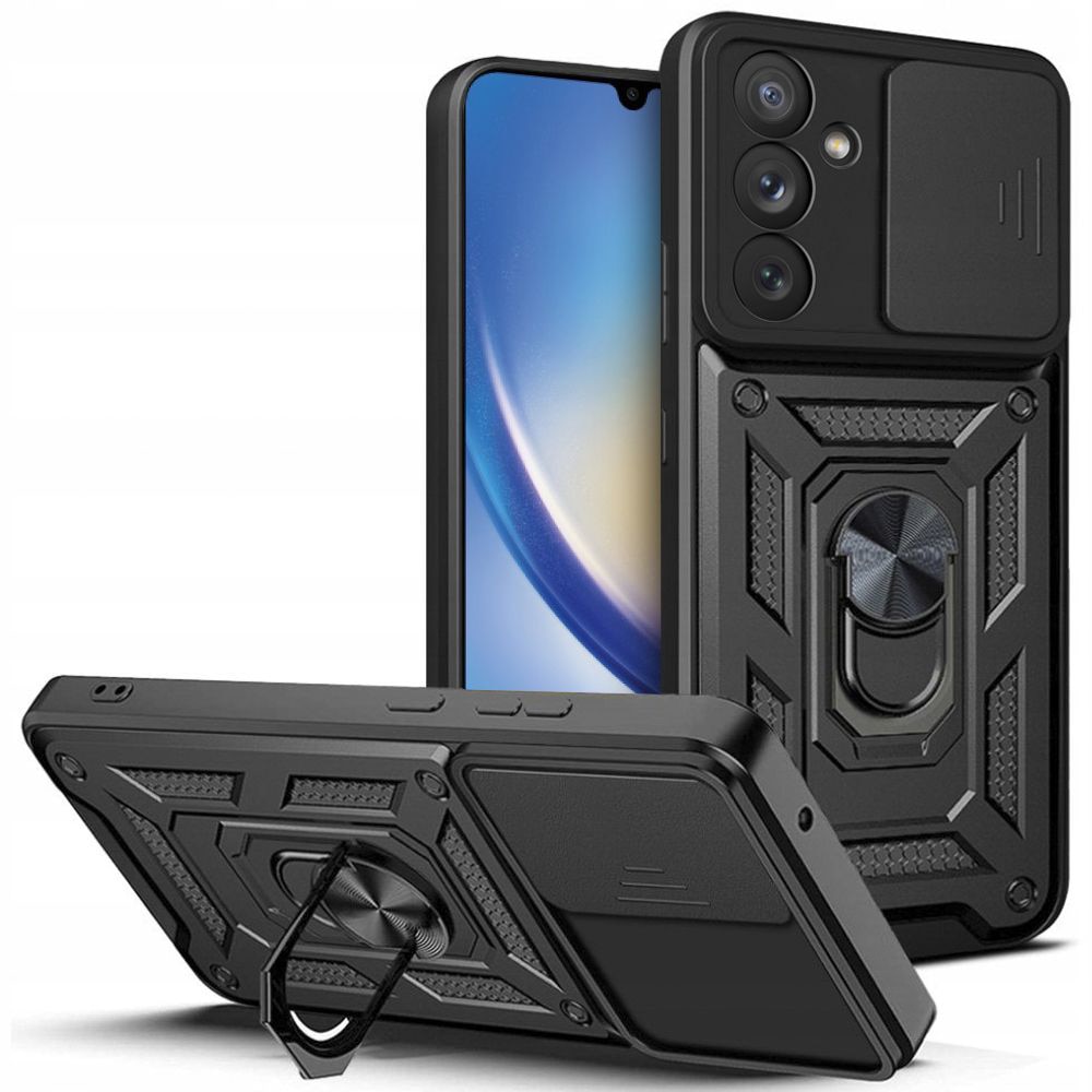 Husa pentru Samsung Galaxy A35 5G Anti-Shock Rugged cu inel rotativ, Ring Armor Kickstand, cu slider pentru protectie lentile, Aiyando, negru