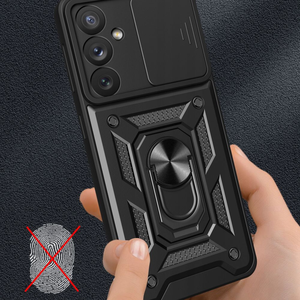 Husa pentru Samsung Galaxy A35 5G Anti-Shock Rugged cu inel rotativ, Ring Armor Kickstand, cu slider pentru protectie lentile, Aiyando, negru