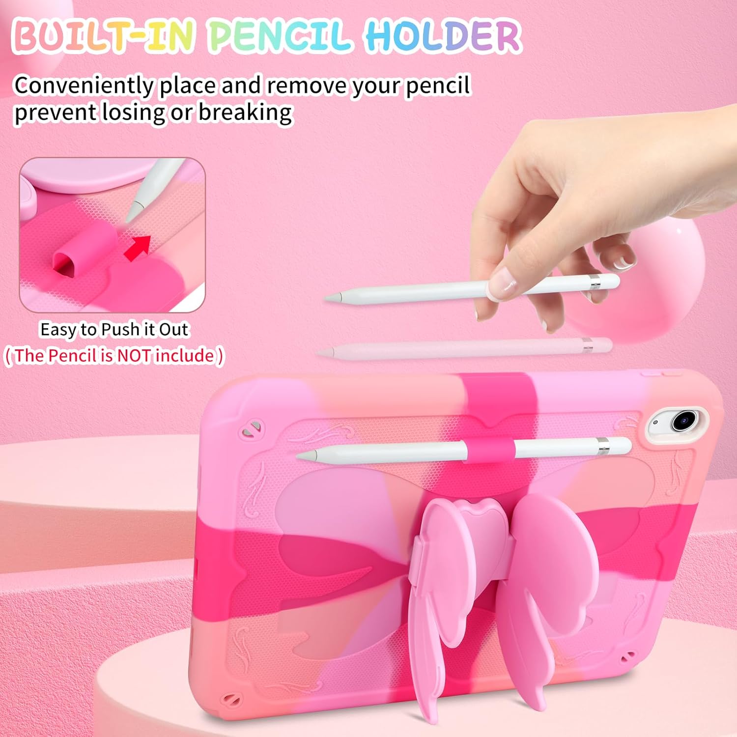 Husa de protectie pentru iPad Gen11, 11inch 2025 A16 si Gen 10, 10, 9 inch 2022, cu stand stil fluture, suport pix, margini intarite, curea de umar, carcasa rezistenta la socuri, roz