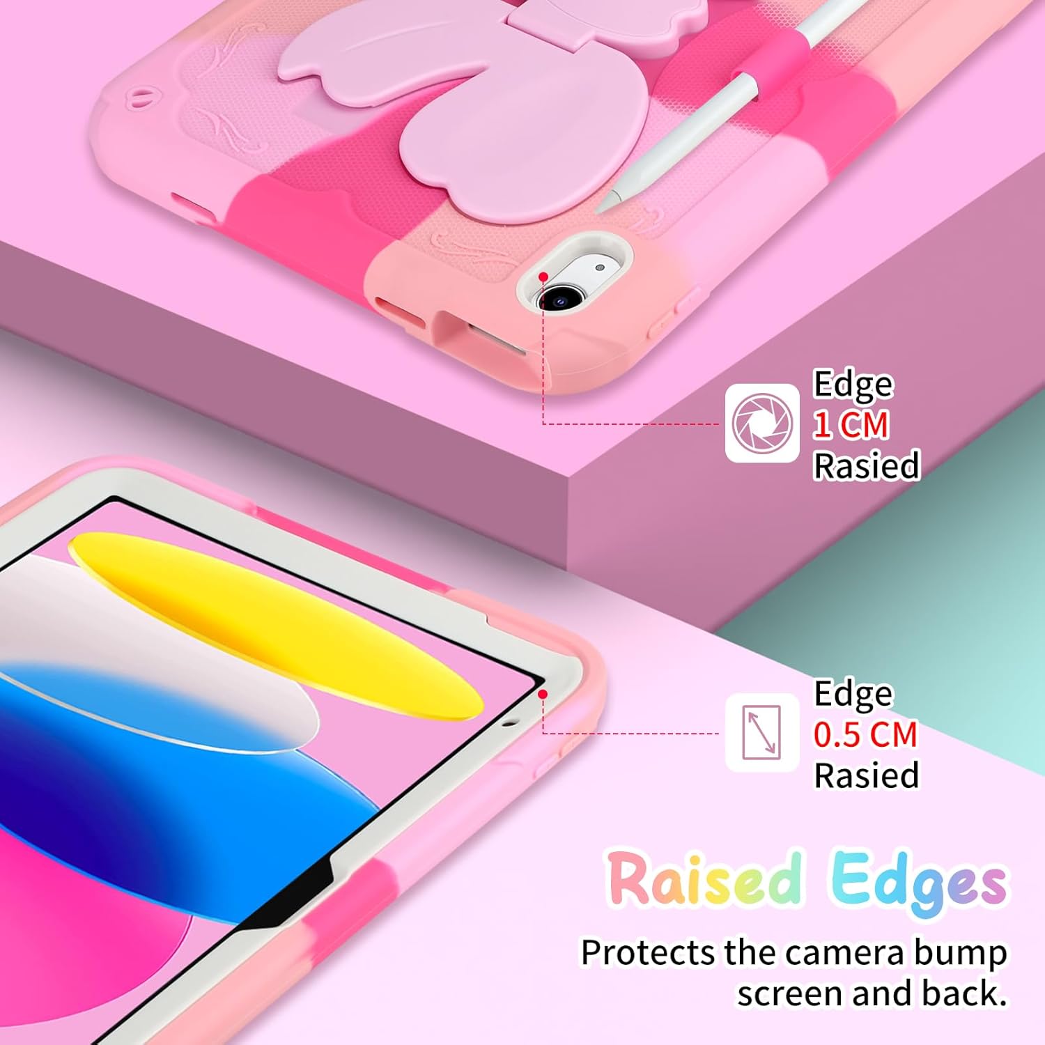 Husa de protectie pentru iPad Gen11, 11inch 2025 A16 si Gen 10, 10, 9 inch 2022, cu stand stil fluture, suport pix, margini intarite, curea de umar, carcasa rezistenta la socuri, roz