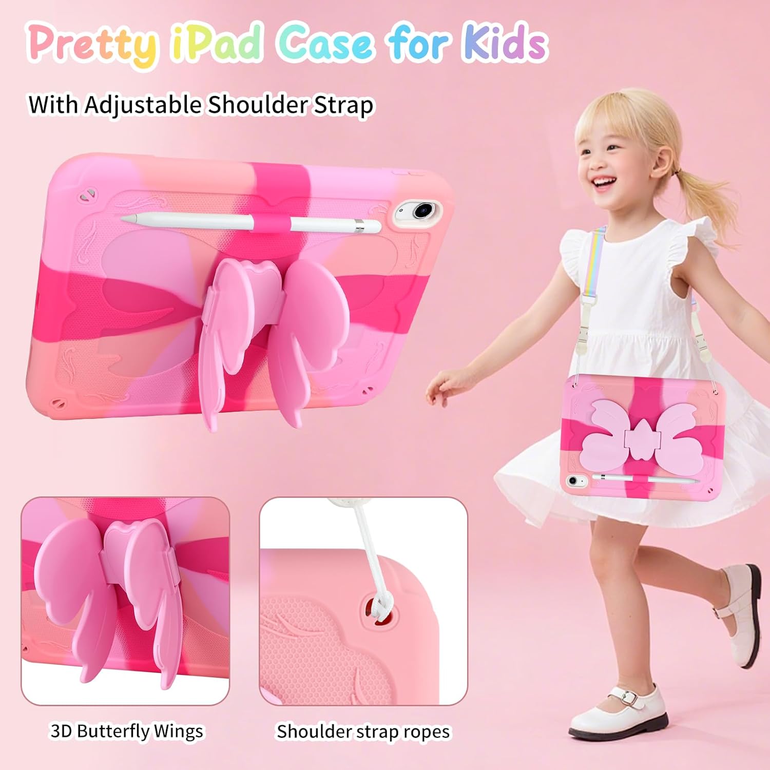 Husa de protectie pentru iPad Gen11, 11inch 2025 A16 si Gen 10, 10, 9 inch 2022, cu stand stil fluture, suport pix, margini intarite, curea de umar, carcasa rezistenta la socuri, roz