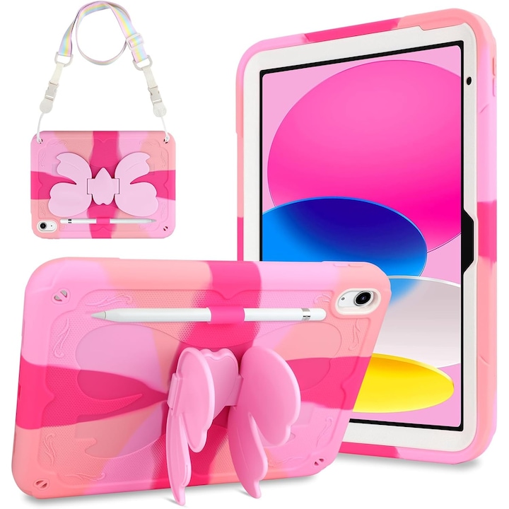 Husa de protectie pentru iPad Gen11, 11inch 2025 A16 si Gen 10, 10, 9 inch 2022, cu stand stil fluture, suport pix, margini intarite, curea de umar, carcasa rezistenta la socuri, roz