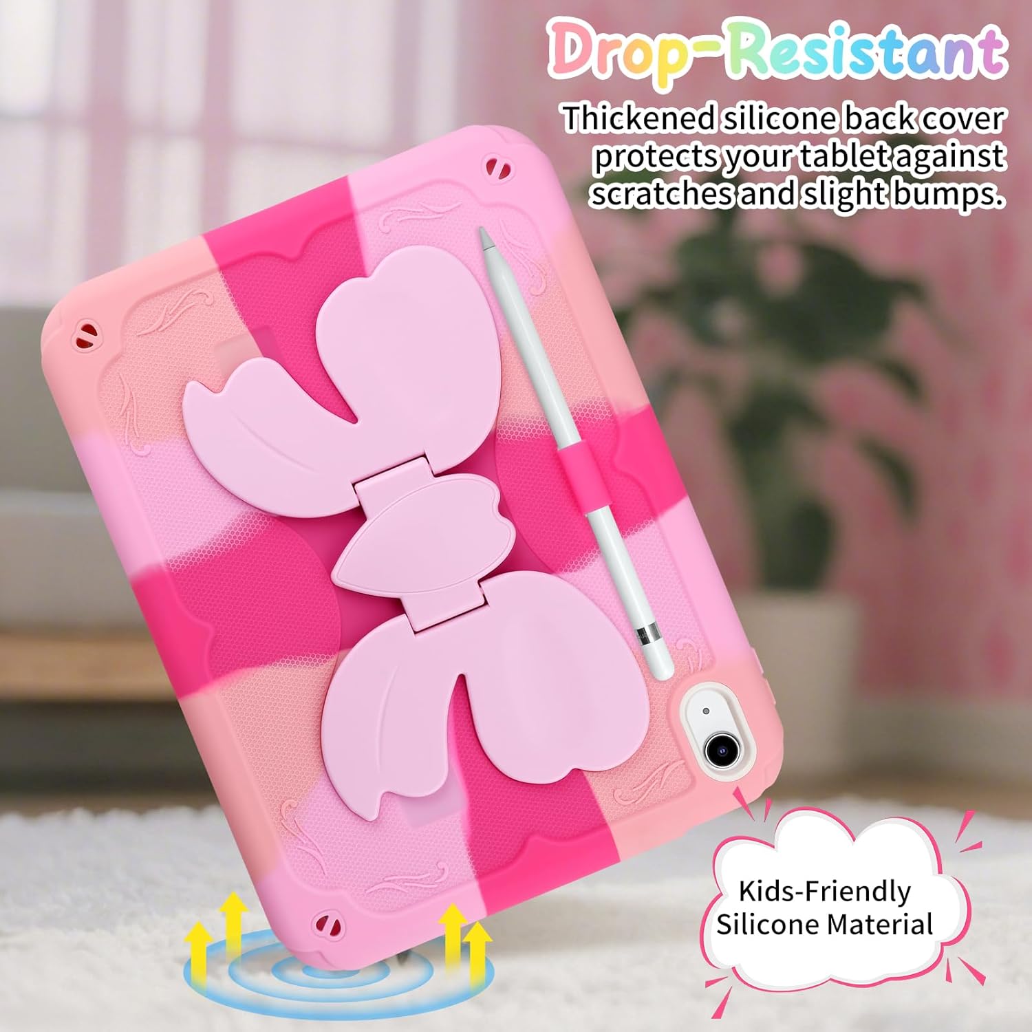 Husa de protectie pentru iPad Gen11, 11inch 2025 A16 si Gen 10, 10, 9 inch 2022, cu stand stil fluture, suport pix, margini intarite, curea de umar, carcasa rezistenta la socuri, roz