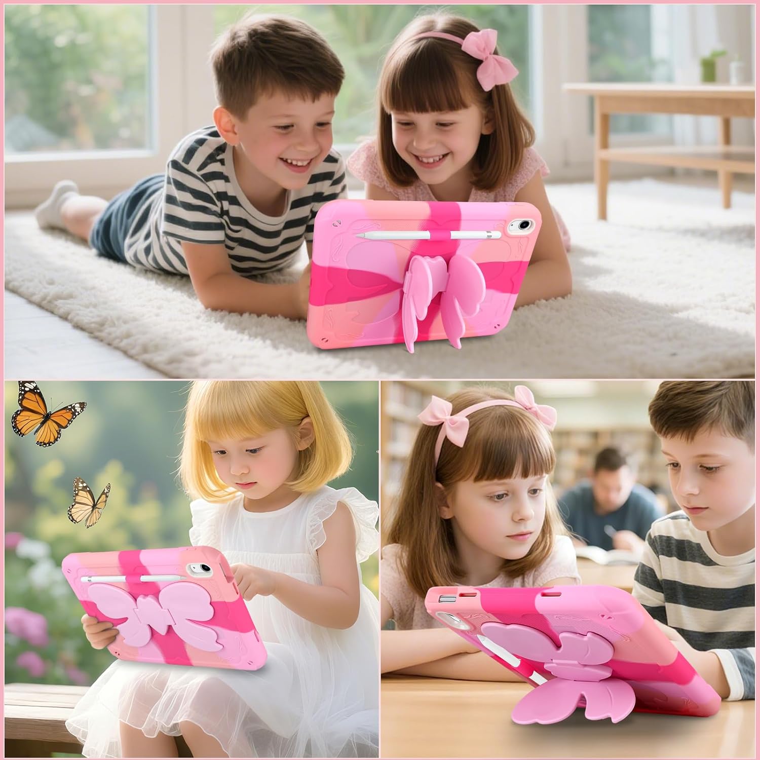 Husa de protectie pentru iPad Gen11, 11inch 2025 A16 si Gen 10, 10, 9 inch 2022, cu stand stil fluture, suport pix, margini intarite, curea de umar, carcasa rezistenta la socuri, roz