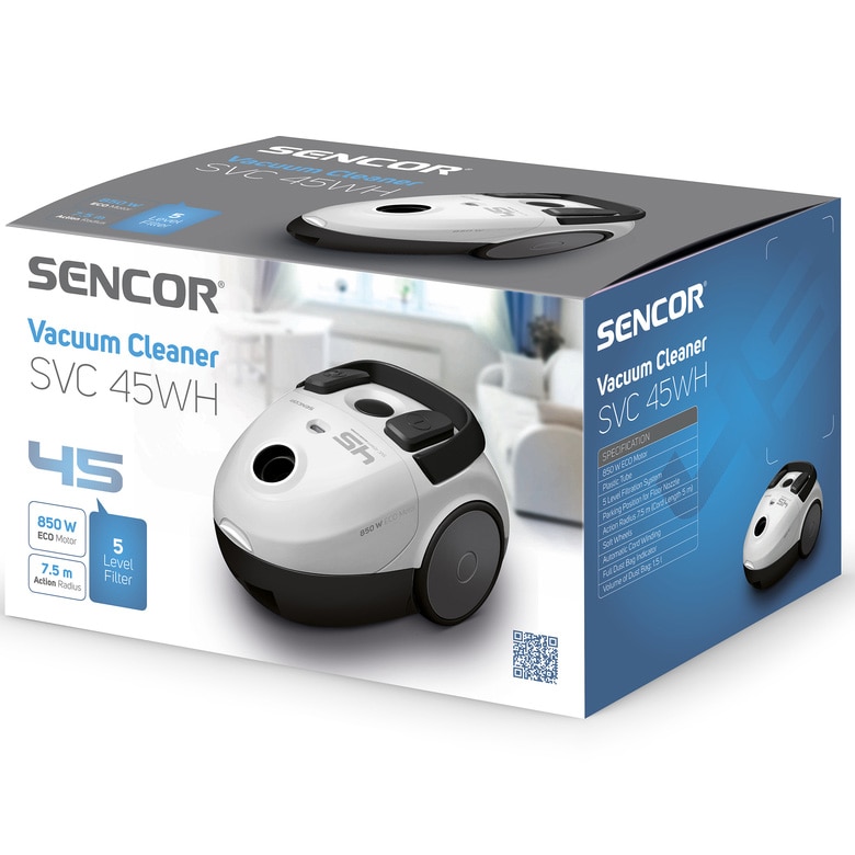 Aspirator cu sac Sencor SVC 45WH, 850W, Indicator Praf-full Roti de cauciuc, Alb