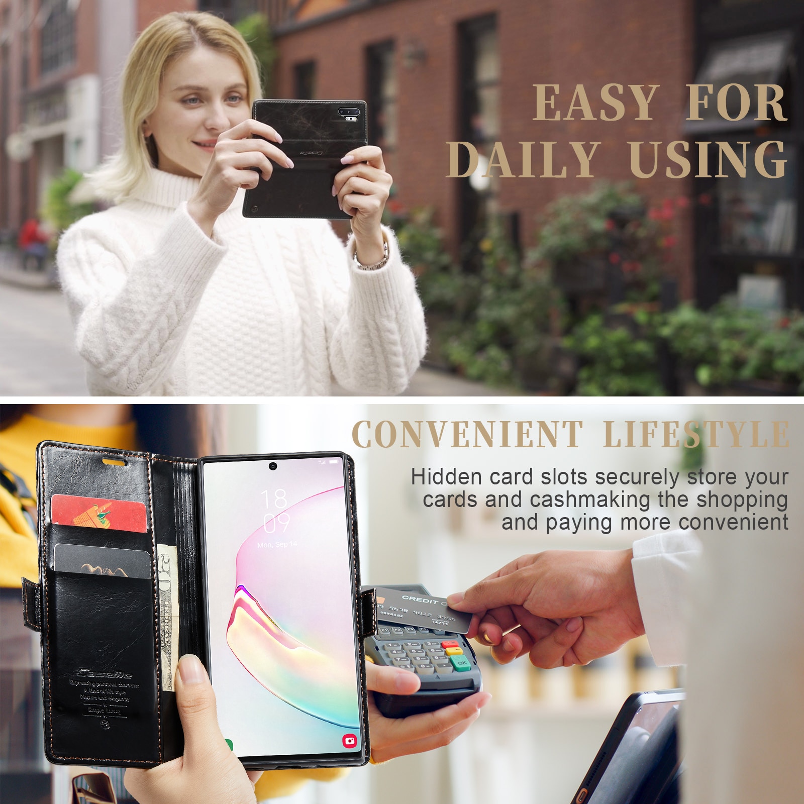 Husa pentru Samsung Galaxy Note 10 Plus, CaseMe, slim, piele fina, tip portofel, stand, inchidere magnetica, suport moale TPU, Negru