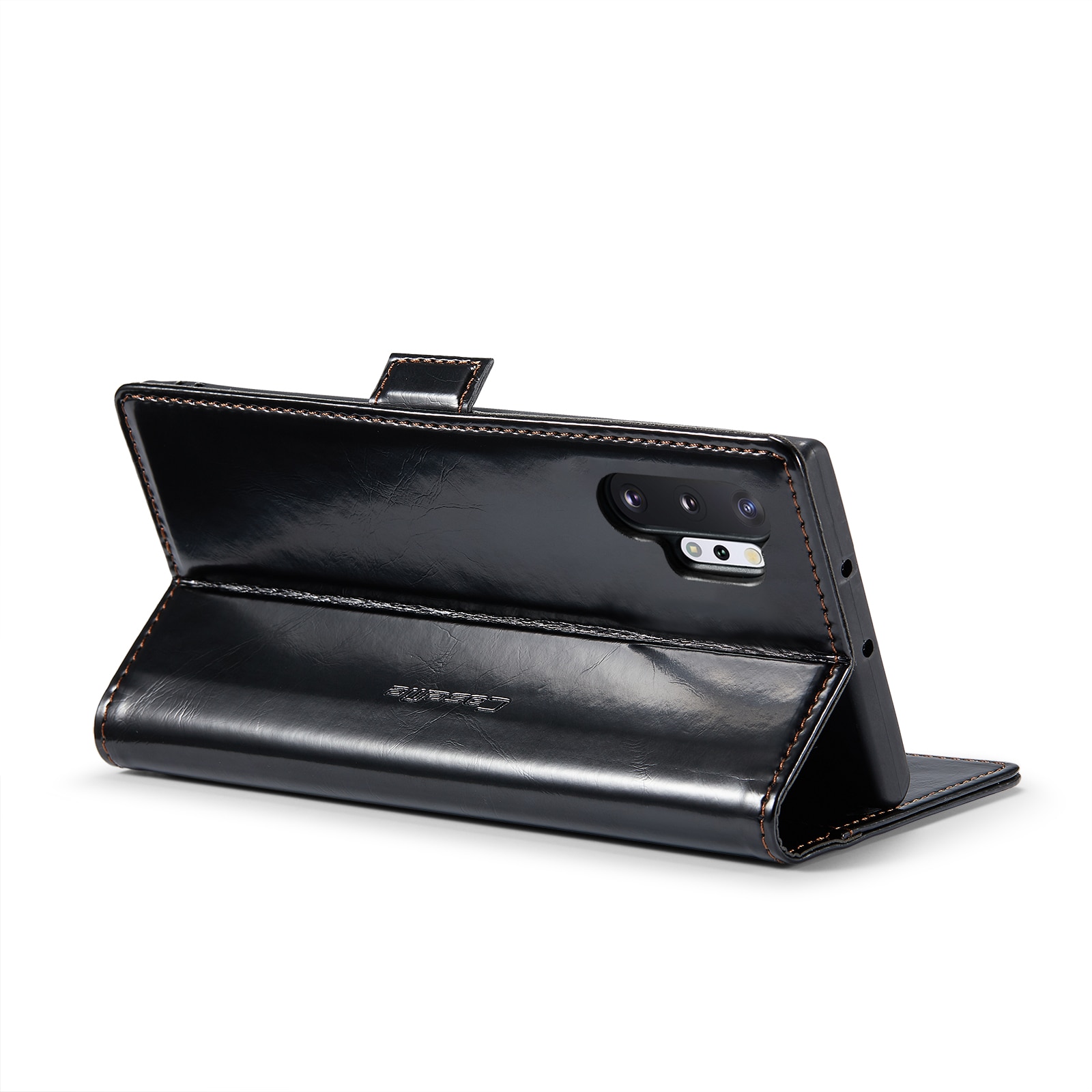Husa pentru Samsung Galaxy Note 10 Plus, CaseMe, slim, piele fina, tip portofel, stand, inchidere magnetica, suport moale TPU, Negru
