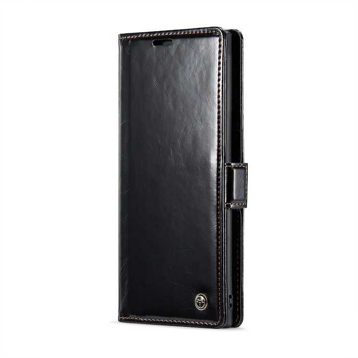 Husa pentru Samsung Galaxy Note 10 Plus, CaseMe, slim, piele fina, tip portofel, stand, inchidere magnetica, suport moale TPU, Negru