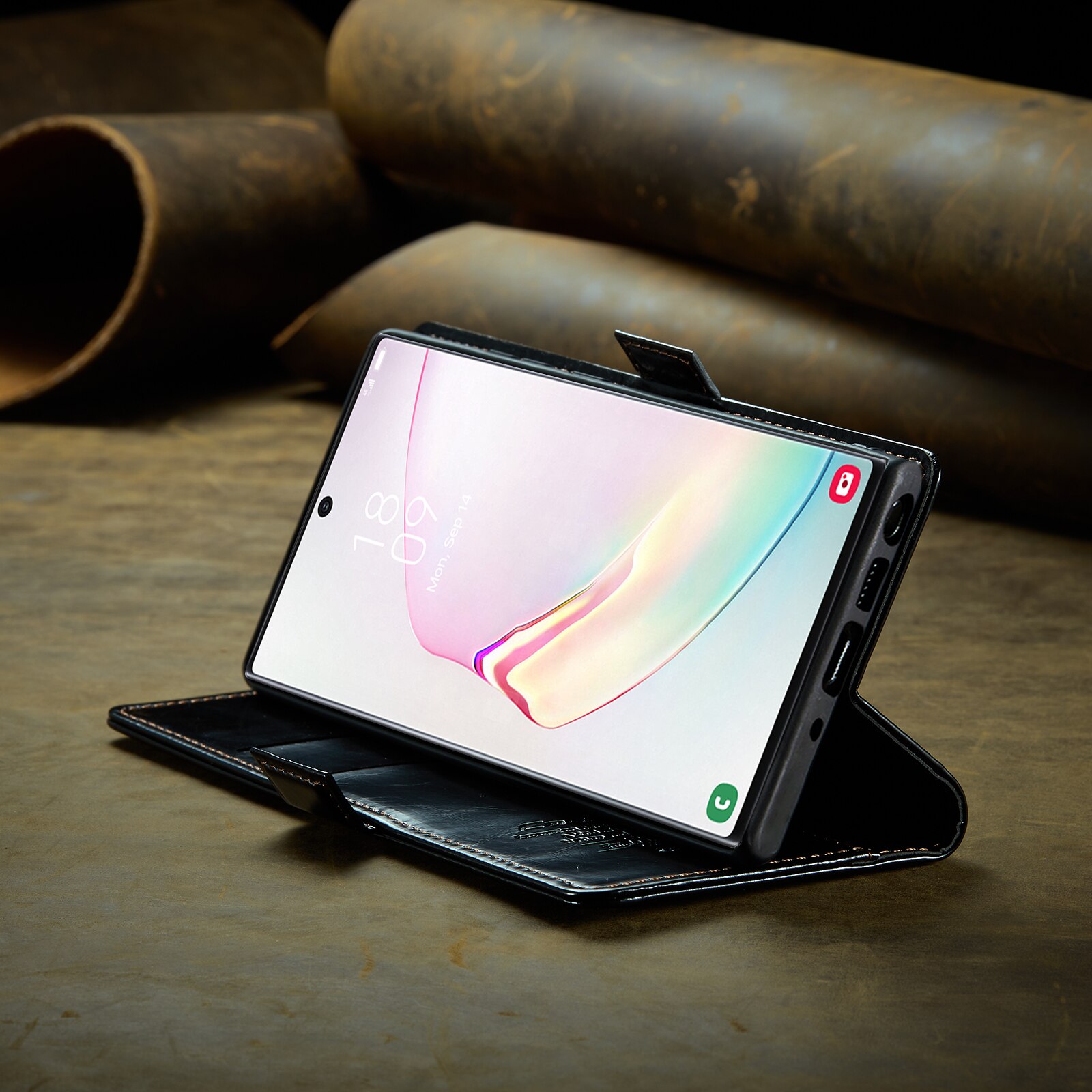 Husa pentru Samsung Galaxy Note 10 Plus, CaseMe, slim, piele fina, tip portofel, stand, inchidere magnetica, suport moale TPU, Negru