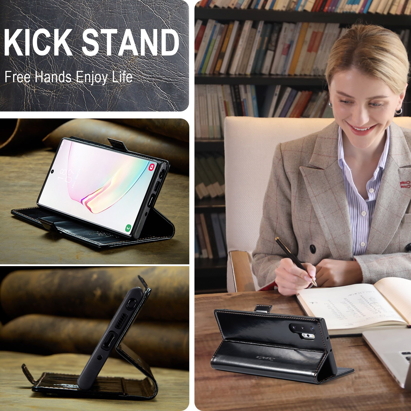 Husa pentru Samsung Galaxy Note 10 Plus, CaseMe, slim, piele fina, tip portofel, stand, inchidere magnetica, suport moale TPU, Negru