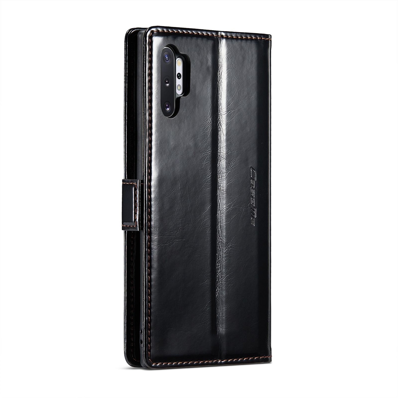 Husa pentru Samsung Galaxy Note 10 Plus, CaseMe, slim, piele fina, tip portofel, stand, inchidere magnetica, suport moale TPU, Negru