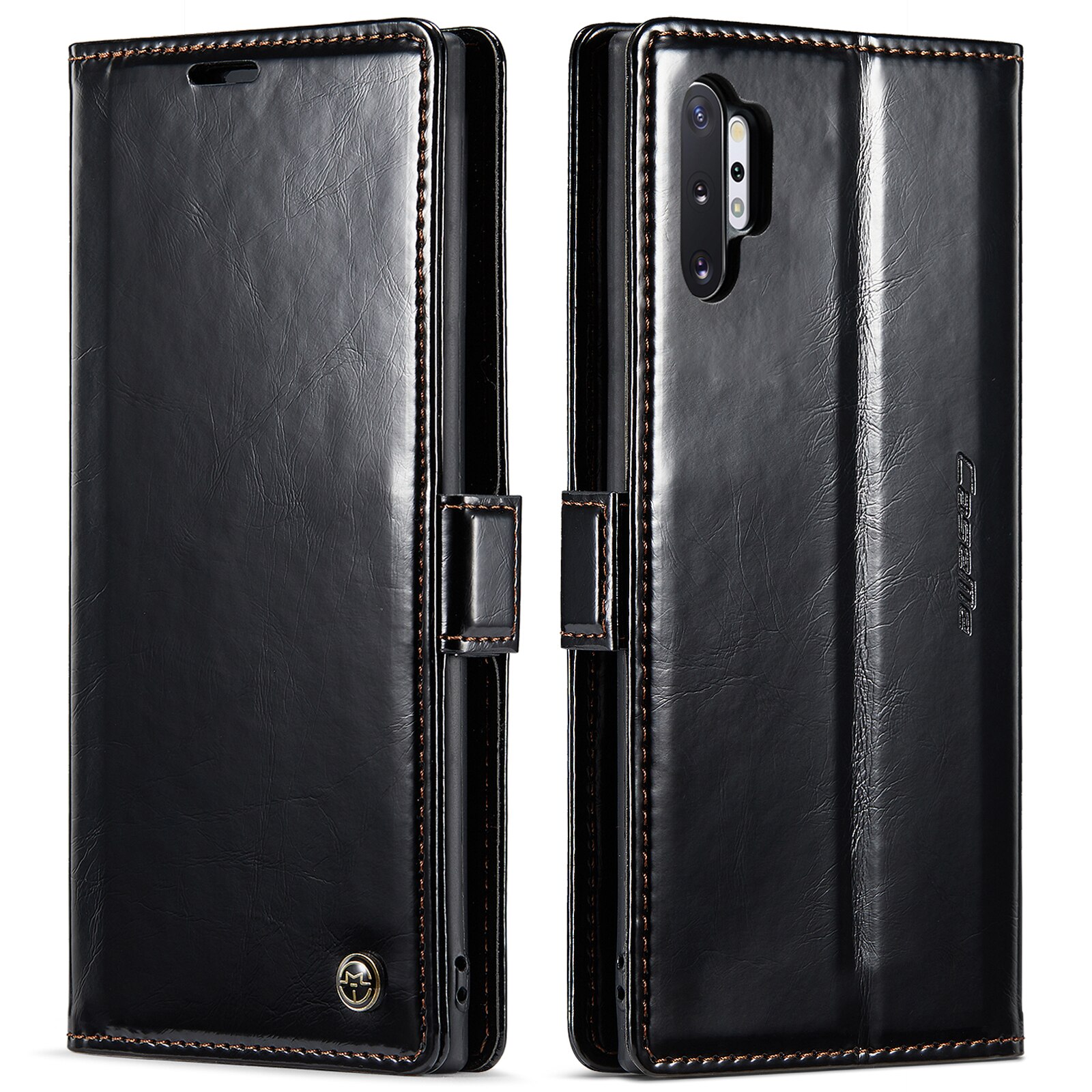 Husa pentru Samsung Galaxy Note 10 Plus, CaseMe, slim, piele fina, tip portofel, stand, inchidere magnetica, suport moale TPU, Negru