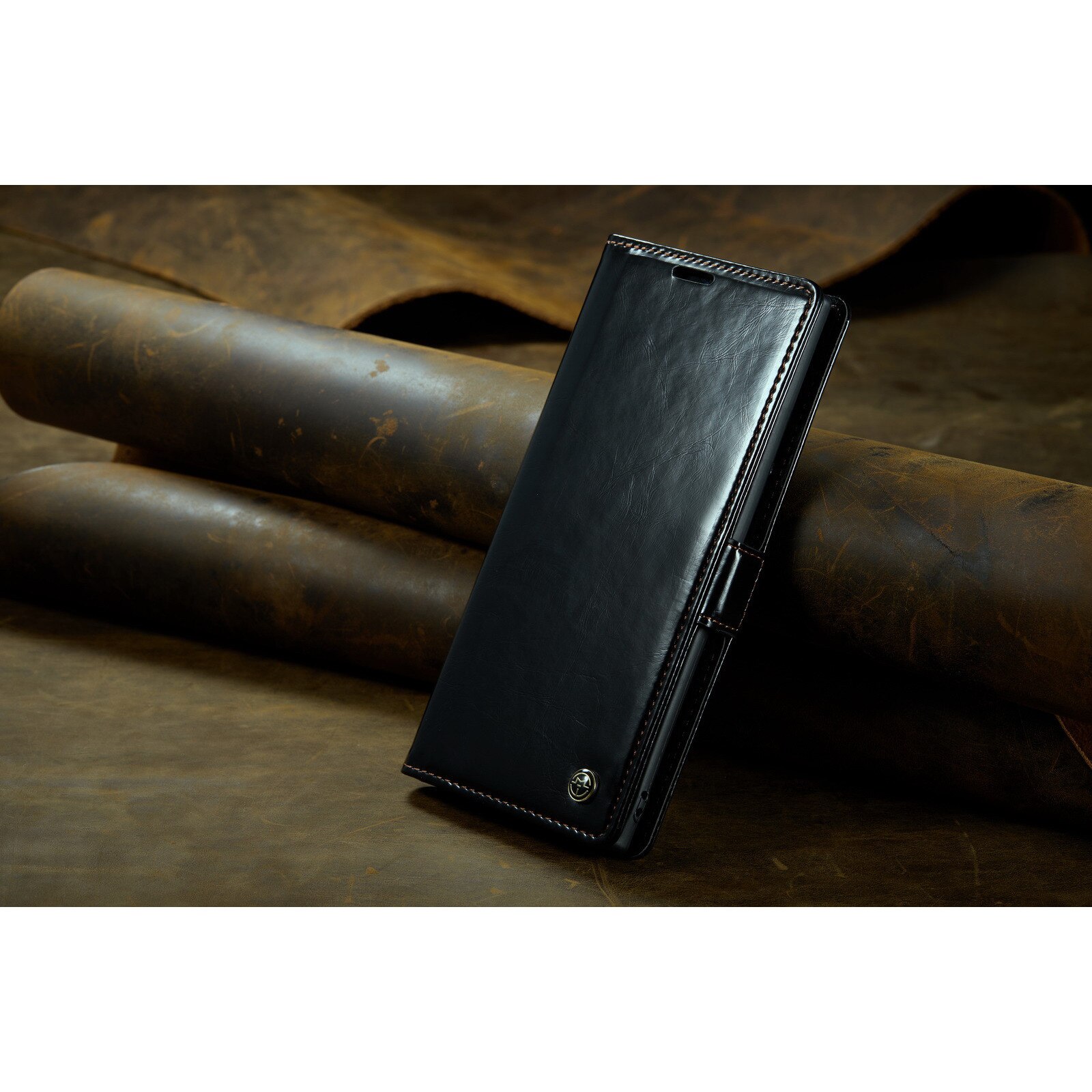 Husa pentru Samsung Galaxy Note 10 Plus, CaseMe, slim, piele fina, tip portofel, stand, inchidere magnetica, suport moale TPU, Negru