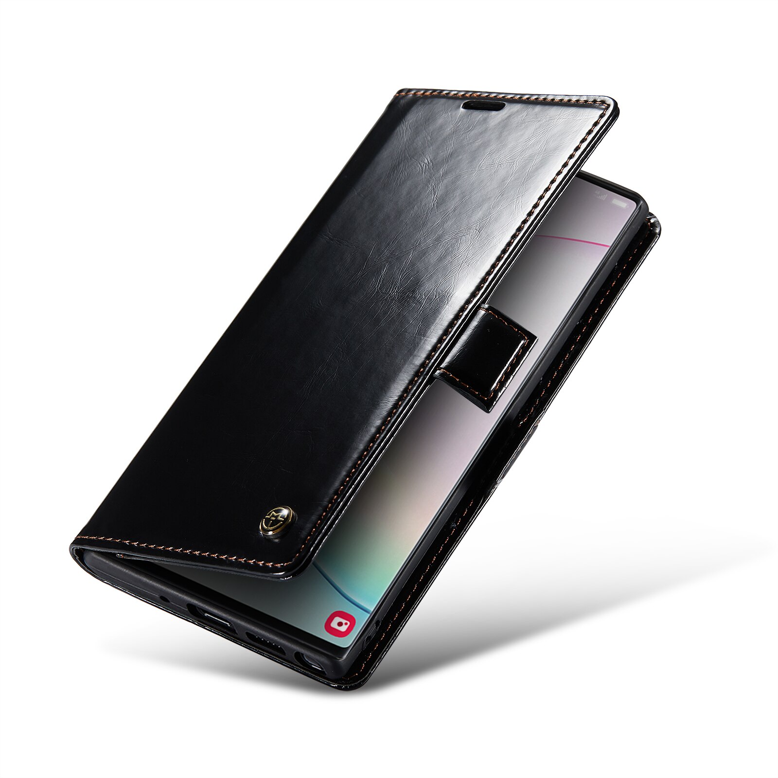 Husa pentru Samsung Galaxy Note 10 Plus, CaseMe, slim, piele fina, tip portofel, stand, inchidere magnetica, suport moale TPU, Negru