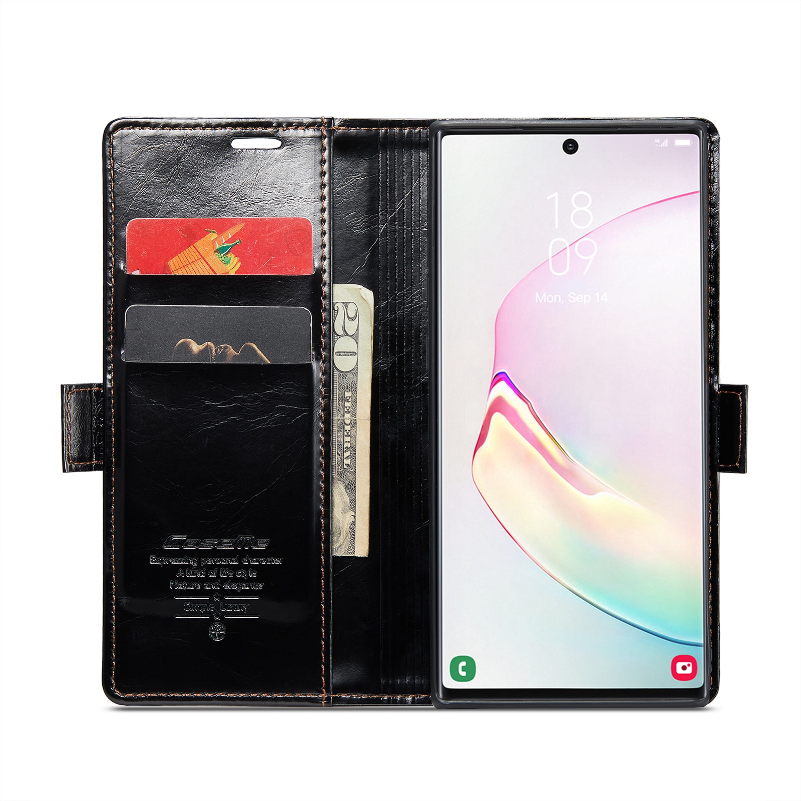 Husa pentru Samsung Galaxy Note 10 Plus, CaseMe, slim, piele fina, tip portofel, stand, inchidere magnetica, suport moale TPU, Negru